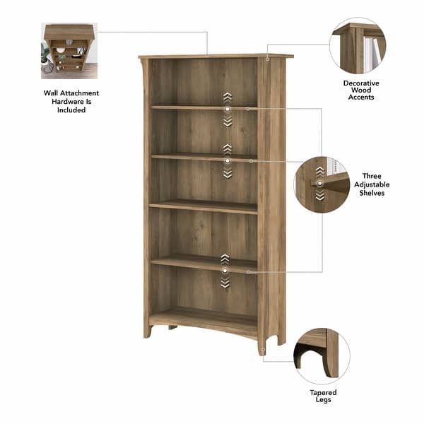 dimension image slide 4 of 7, Bush Furniture Salinas Tall 5 Shelf Bookcase with Adjustable Shelves