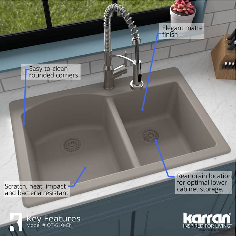 Top Mount 33-inch Large/Small Bowl Quartz Kitchen Sink - 33" x 22" x 9"