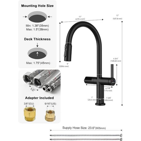dimension image slide 1 of 5, Lefton Touchless Pull-Out Kitchen Faucet, Hands Free Motion Sensor Activated, Battery-Free Temperature Display, KF2206