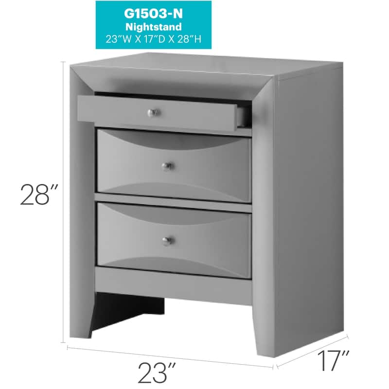 Silver Champagne Nightstand 28x23x17 Contemporary Bedside Table with Three Drawers and Stylish Finish for Bedroom Storage