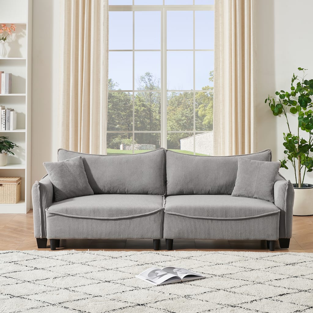 Gray Corduroy 3-seater Sofa Bed with Throw Pillows and Storage