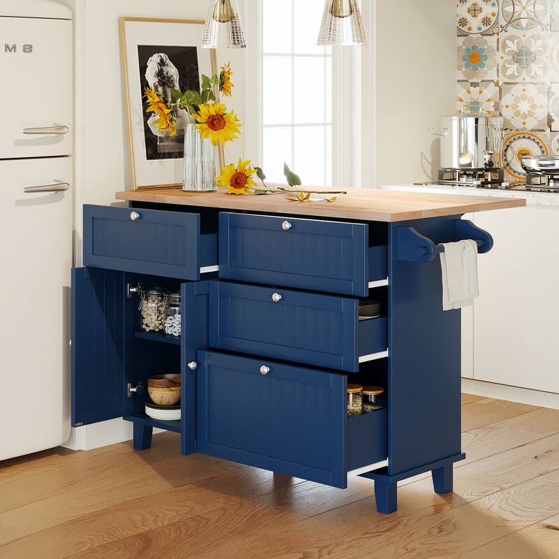 3PCS Sets Farmhouse Kitchen Island with 2 Seatings, Drop Leaf, Cabinet, Drawers & Towel Rack