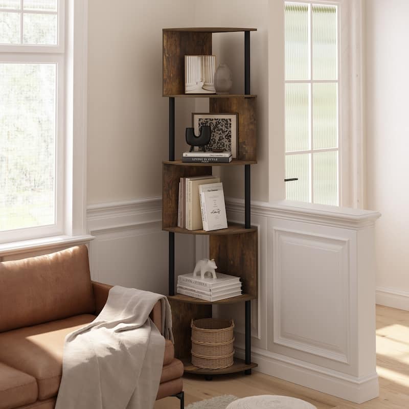 71.26 in. Tall Pine/Black Wood 5-Shelf Bookcase