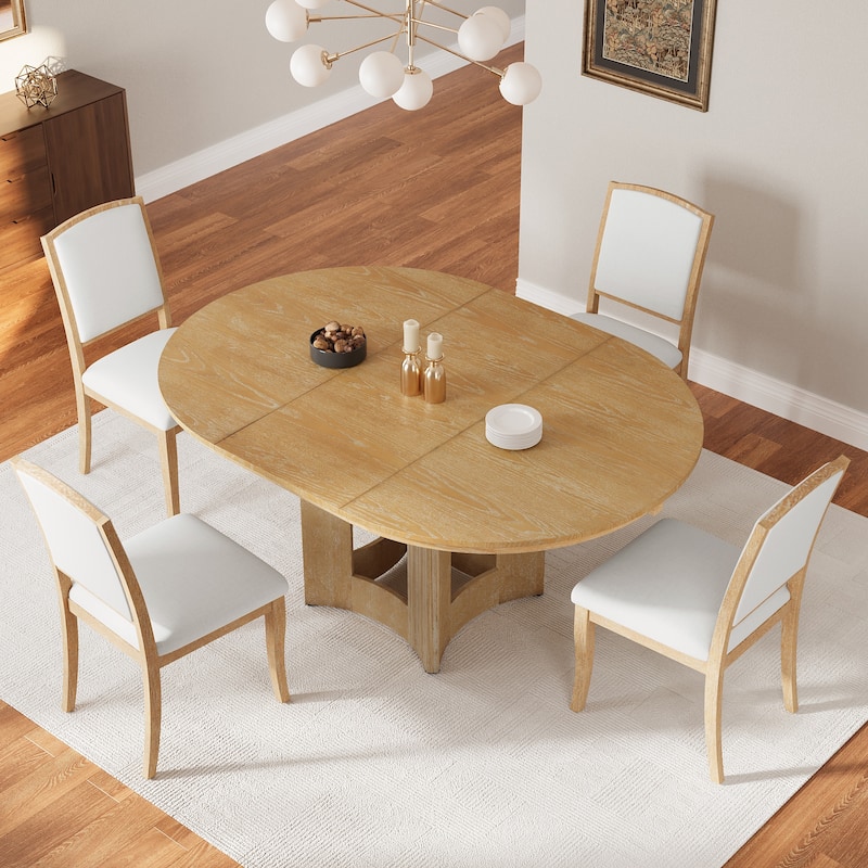 Farmhouse 5-Piece Extendable Round Dining Table Set with 4 Upholstered Chairs for Compact Living Spaces