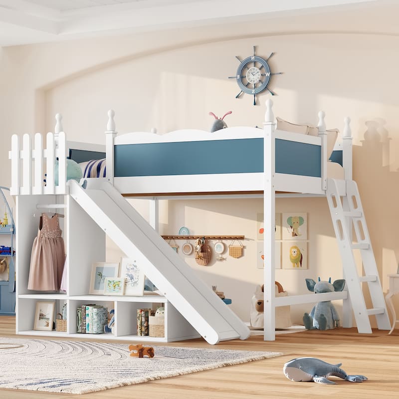 Full Loft Bed with Storage Shelves and Wardrobe, Solid Wood Loft Beds with Detachable Slide and Ladders, No Spring Box Needed