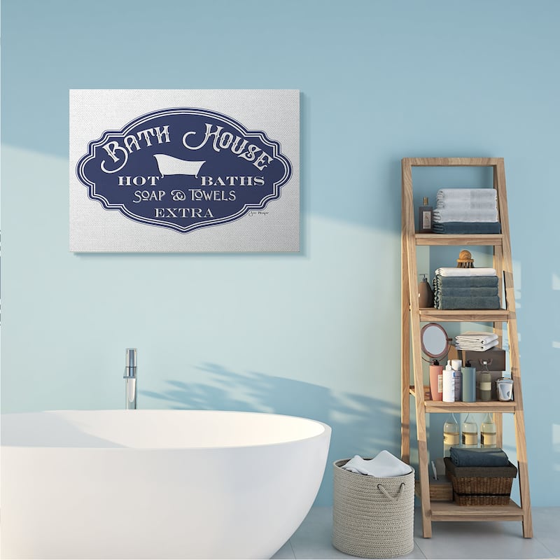 Stupell Vintage Bath House Sign Minimal Blue White Canvas Wall Art Design By Jill Meyer