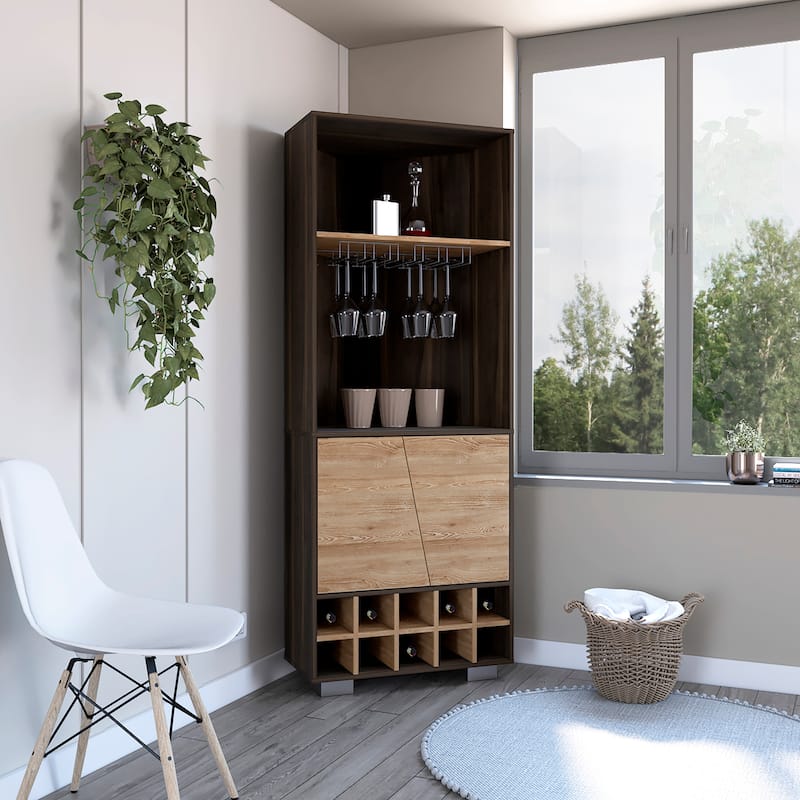 Corner Bar Cabinet, Ten Built-in Wine Rack, Two Shelves, Double Door - Multi