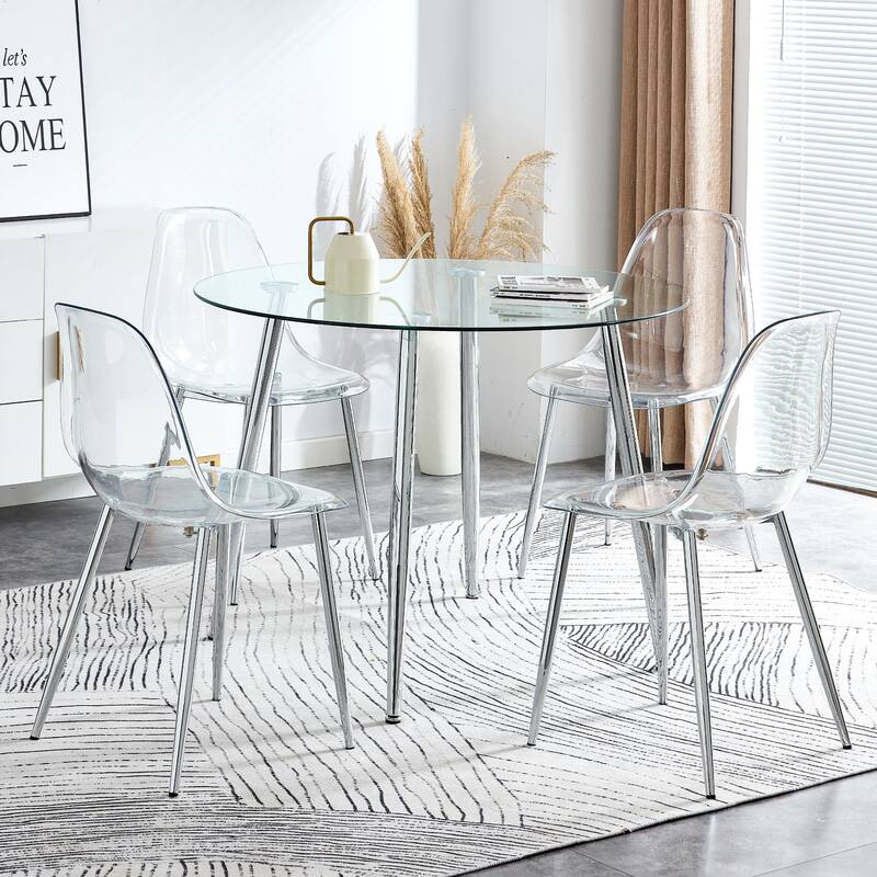 5-Piece Dining Table Set.A 38.6" Transparent Tempered Glass Round Dining Table with 4 Transparent Plastic Dining Chair