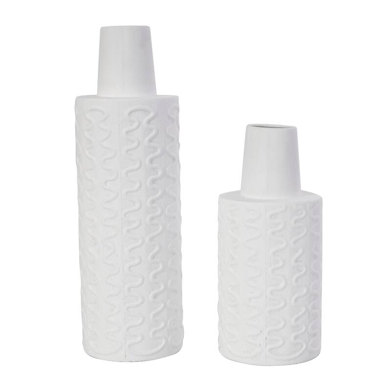 White Metal Wavy Textured Abstract Decorative Vase (Set of 2)