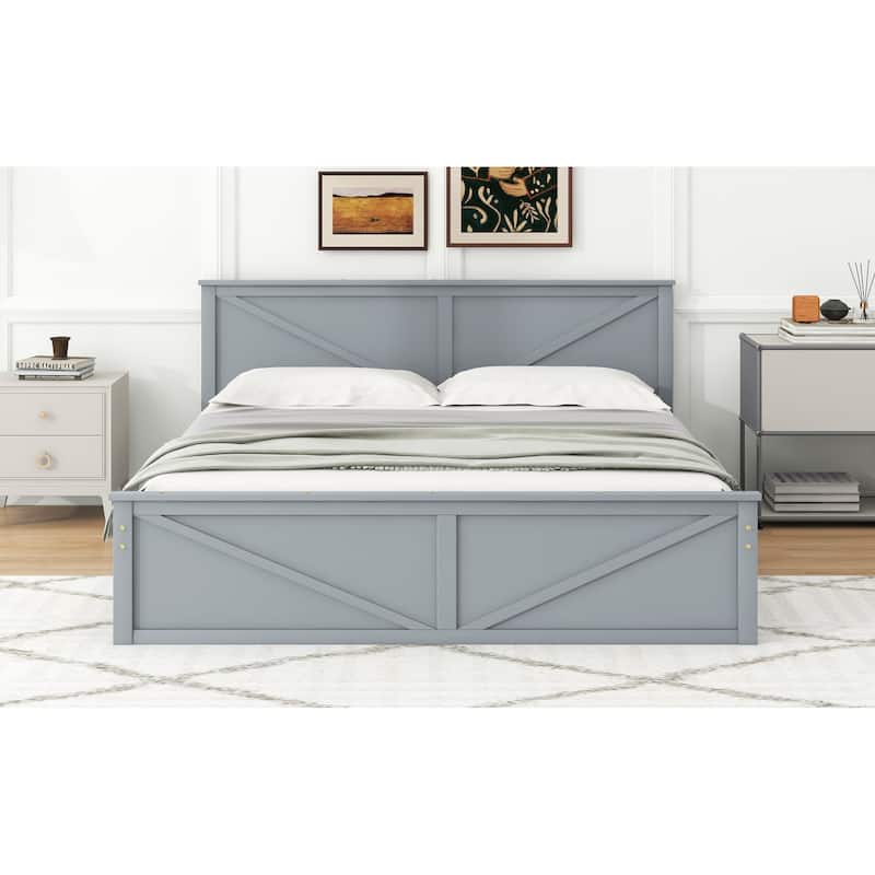 King Size Wooden Platform Bed with Four Storage Drawers and Support Legs, Gray
