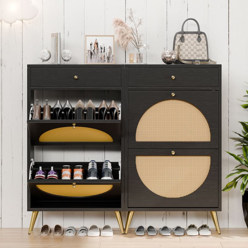 Futzca Shoe Cabinet Rattan, Shoe Storage Cabinet with 2 Flip Drawers