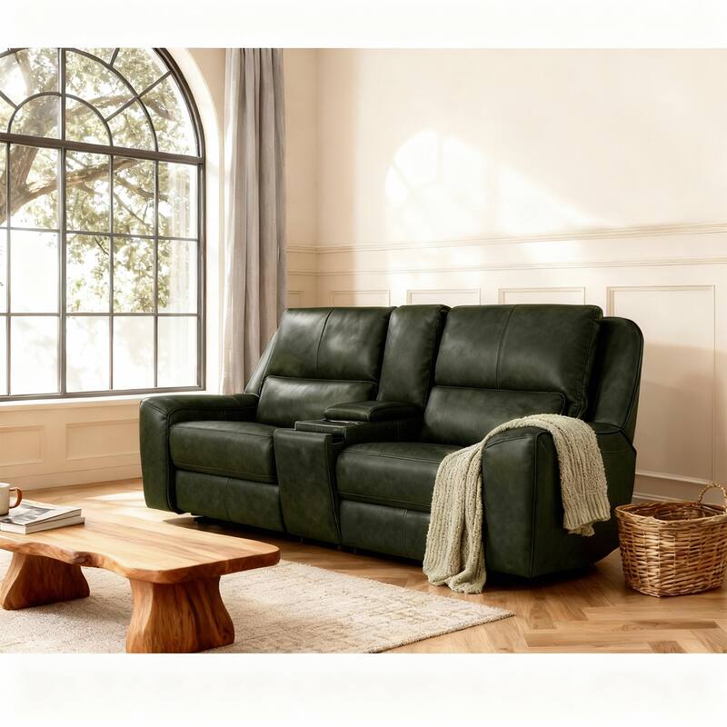 98''W Top Grain Leather Triple-Power Recliner Loveseat Sofa with Power Headrest, Pop-Out Cup Holders