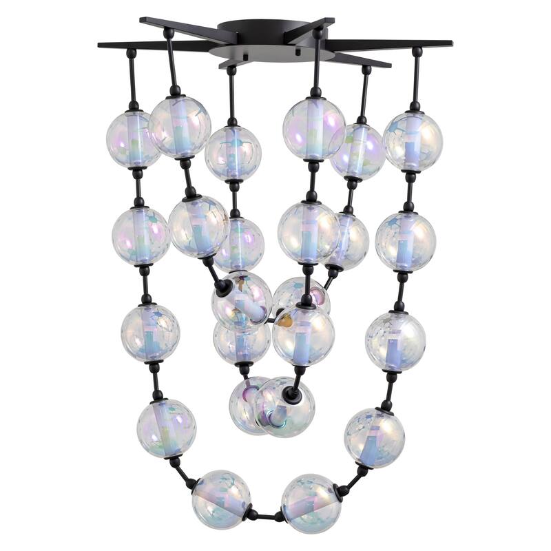 Pearla 28" LED Pendant in Matte Black with Iridescent Glass Shade - Gold