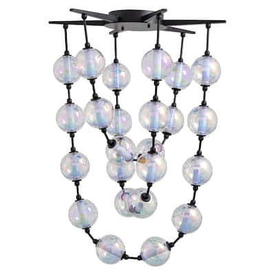 Pearla 28" LED Pendant in Matte Black with Iridescent Glass Shade - Gold