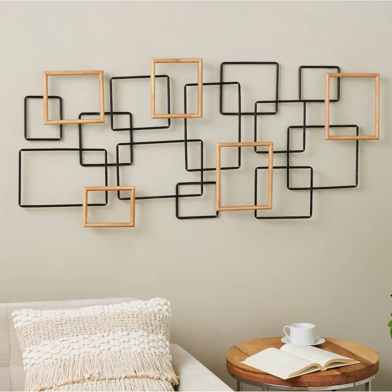 Metal Geometric Overlapping Wire Square Wall Decor with Gold Accents - Black - Roche River Decor