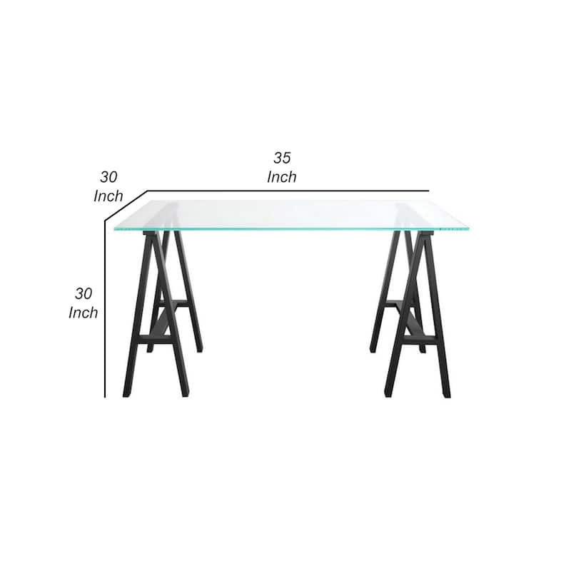 Rani 55 Inch Office Desk, Tempered Glass Top, Modern Black Steel Frame