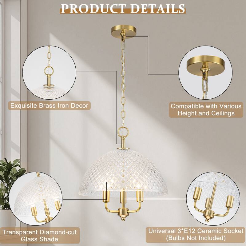 Brushed Gold 3-Light Pendant Light with Half-Dome Grid Shade Dining - Dia.15.75-in