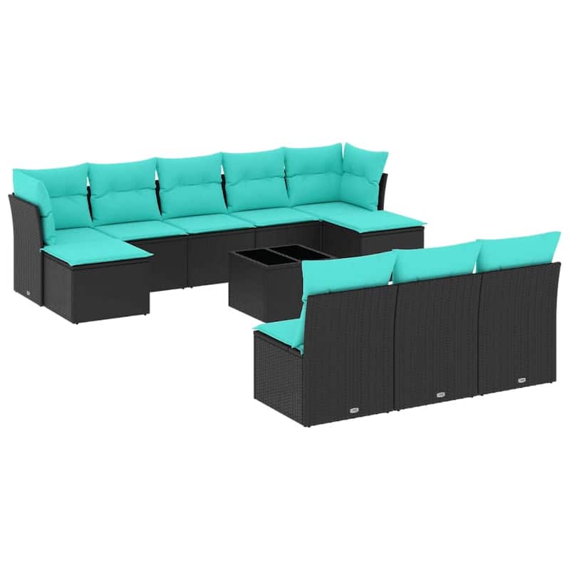 vidaXL 11 Piece Patio Sofa Set with Cushions Black Poly Rattan - 24.4x27.2x24.4-With table