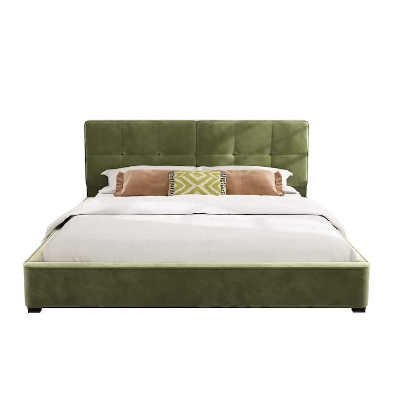 King Size Velvet Bed Frames, Upholstered Platform Bed with Curved Tufted Headboard, Soft Square Corners, Olive Green