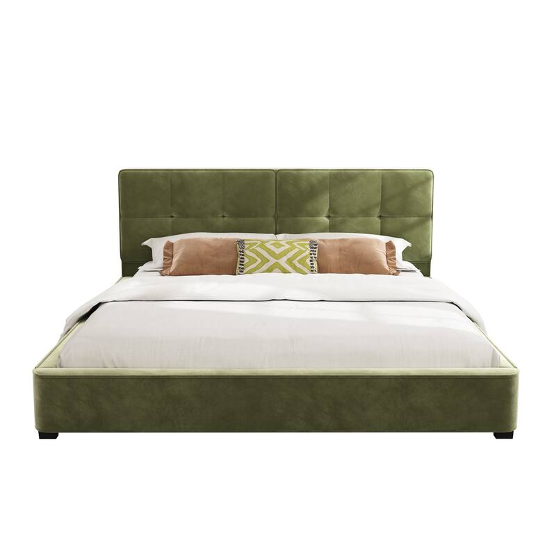 Oliver Green Velvet Upholstered Bed Frame, King Size Grounded Bed with Curved Tufted Headboard, Soft Square Corners Wingback Bed