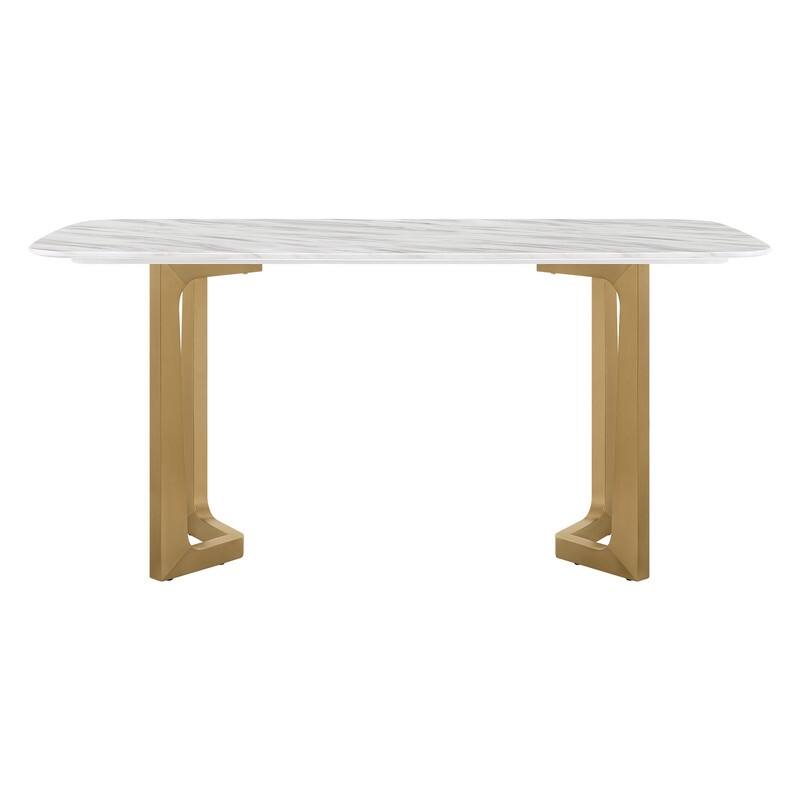 Spruce & Spring Modern Minimalist 63" Jazz White Marble Dining Table with Champagne Stainless Steel Base