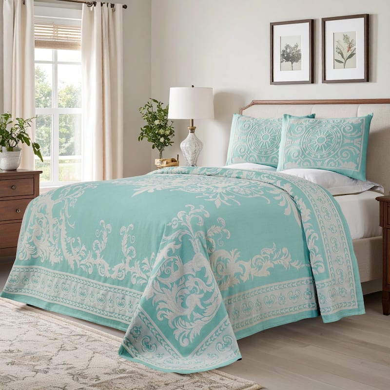 Superior Cotton Blend Oversized Vintage Medallion Bedspread Set - Turquoise - Queen