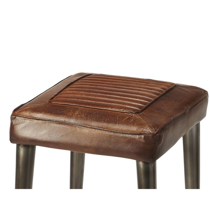 Brown-Grey Leather and Wood Backless Bar Stool with Iron Frame and Footrest - 17” L x 16” W x 32” H