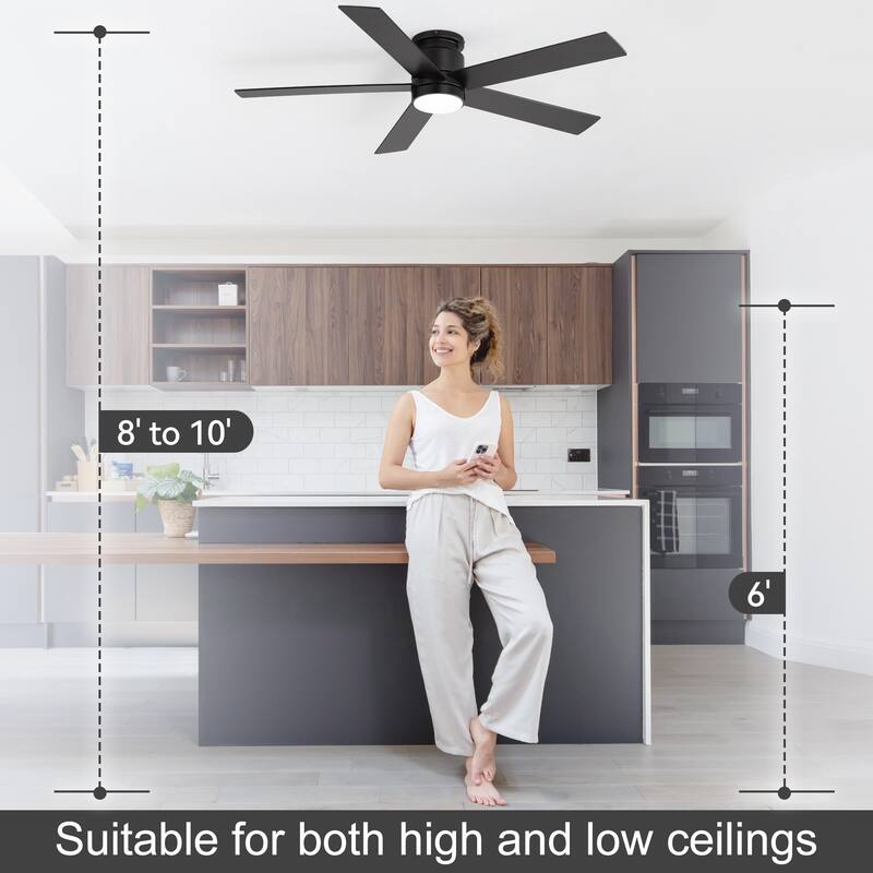 52-inch Black Flush Mount Ceiling Fan with LED Light and Remote