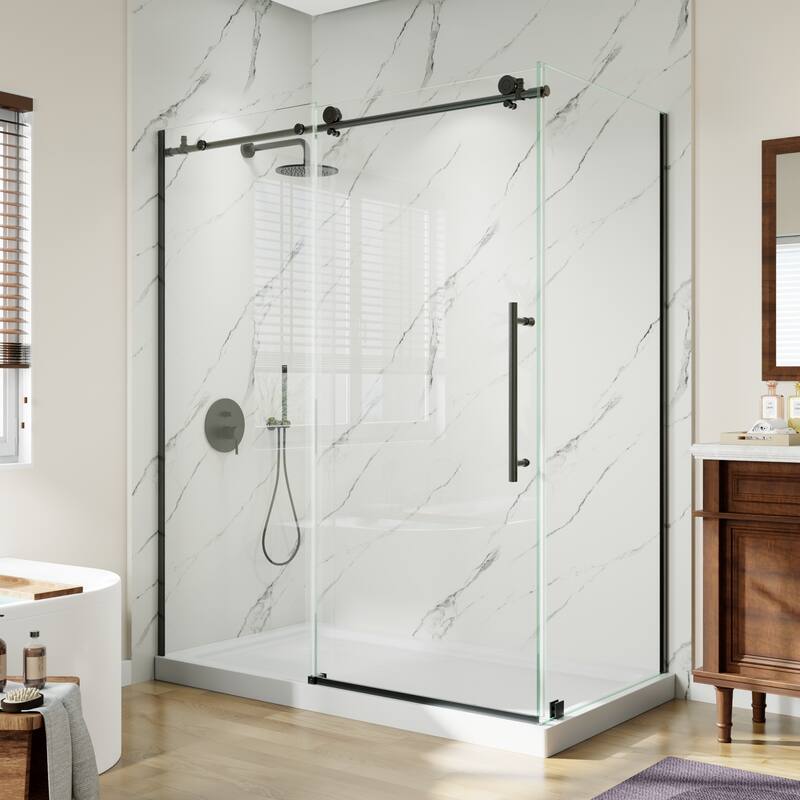 Modland 56-60" Sliding Shower Door, 5/16" ANSI Glass, 304 Stainless Steel Hardware, Leak-Proof, k Matte Black/Brushed Nickel