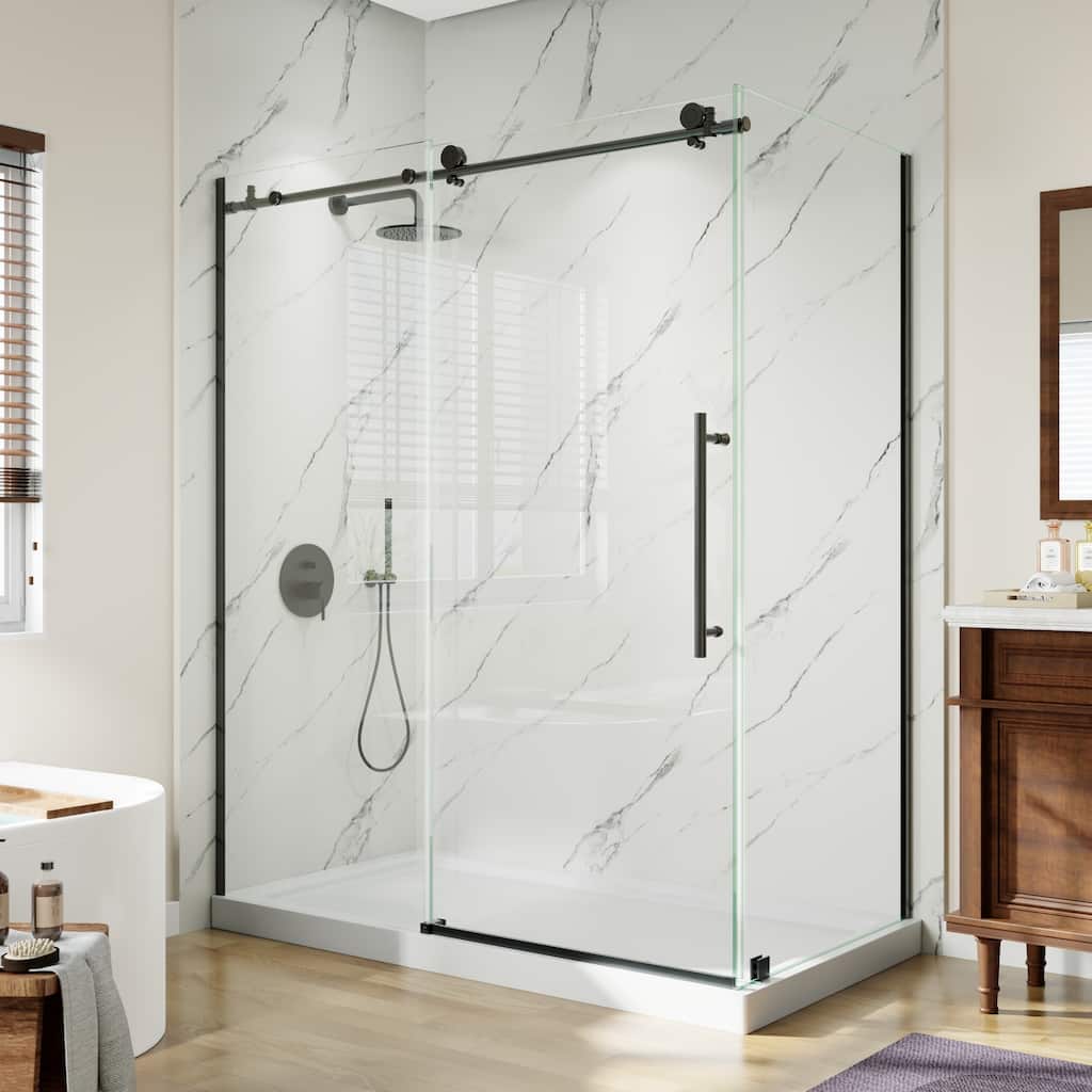 Modland 56-60" Sliding Shower Door, 5/16" ANSI Glass, 304 Stainless Steel Hardware, Leak-Proof, k Matte Black/Brushed Nickel
