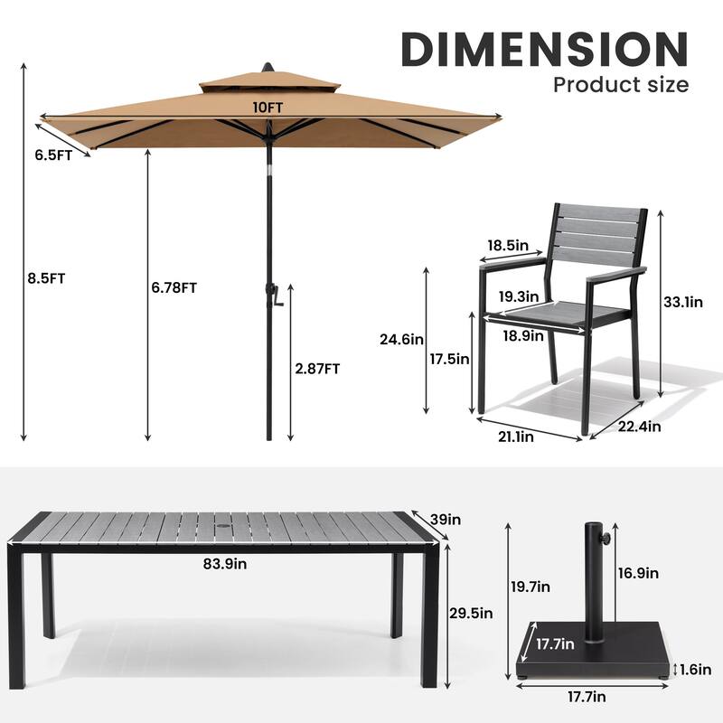9/11-Piece Outdoor Patio Dining Set Aluminum Dining Table and Stackable Chairs w/10 ft Market Umbrella and Base