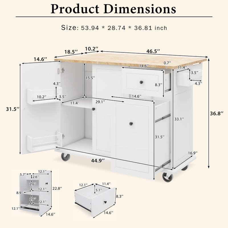53.9" Width Rolling Kitchen Cart on Wheels with Internal Storage Rack - N/A