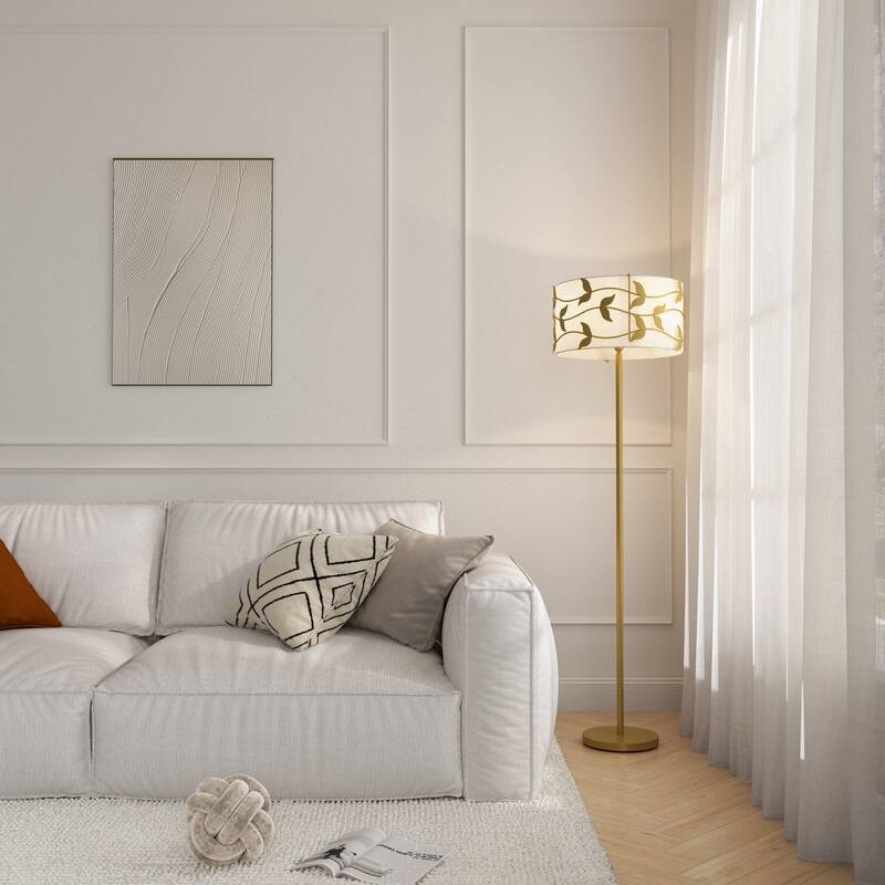 Acroma Black/Gold Leaf-Accent Fabric Shade Floor Lamp