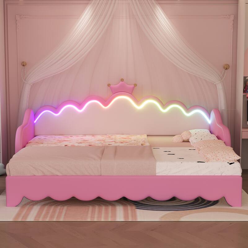 Pink Twin Princess Upholstered Daybed with LED & Crown Headboard