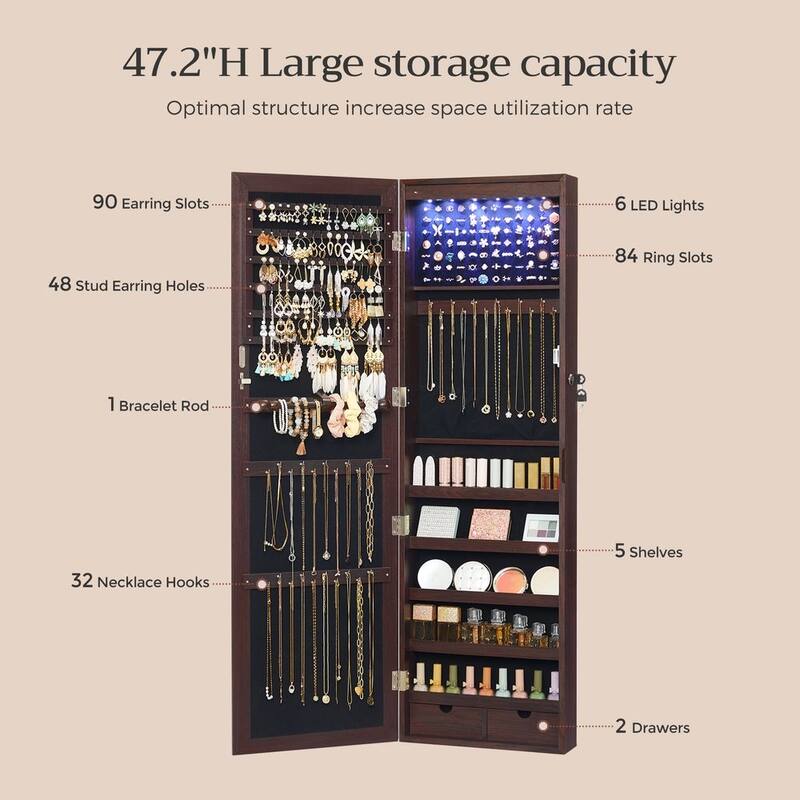 6 LEDs Mirror Jewelry Cabinet, Lockable Wall/Door Mounted Jewelry Armoire Organizer with Mirror 2 Drawers