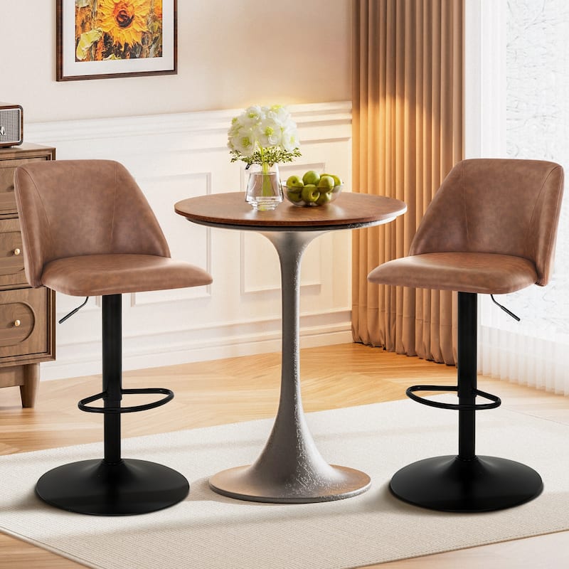 Set of 2 Adjustable Swivel Bar Stool - PU Leather Counter Height Stool with Square Open Back for Kitchen Island - Brown - Set of 2