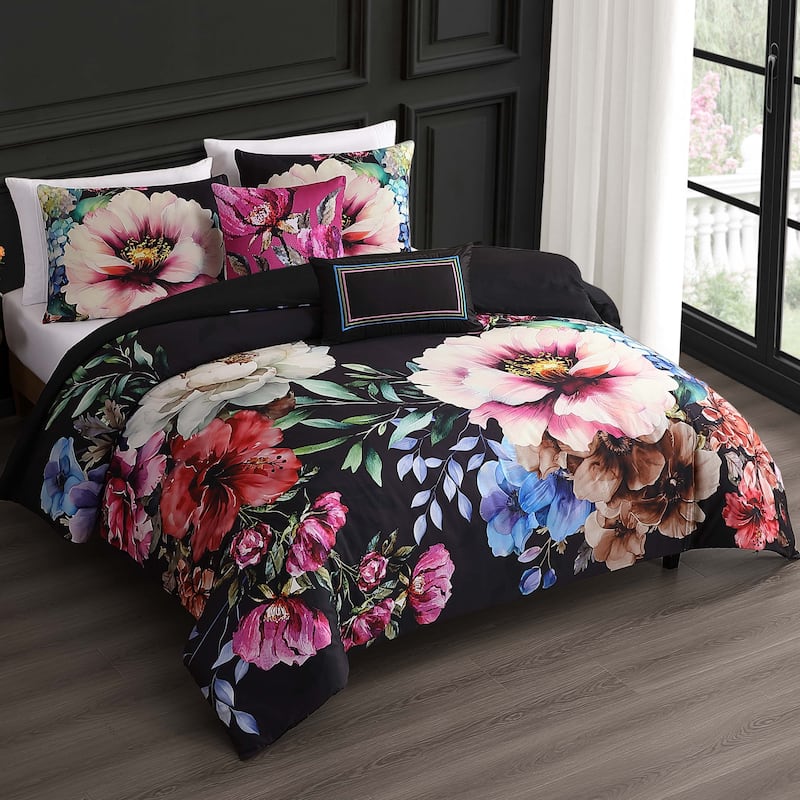 Bebejan Black Night Poppies 100% Cotton Sateen 5 Piece Reversible Comforter Set