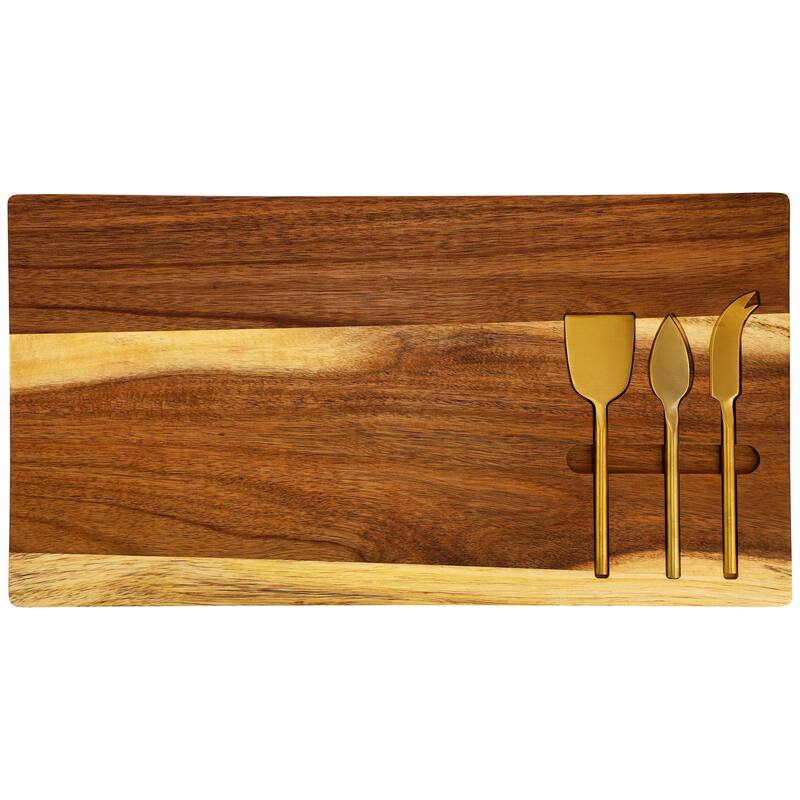 MegaChef 21 x 11 Inch Acacia Wood Cheese Board with 3 Piece Knife Set