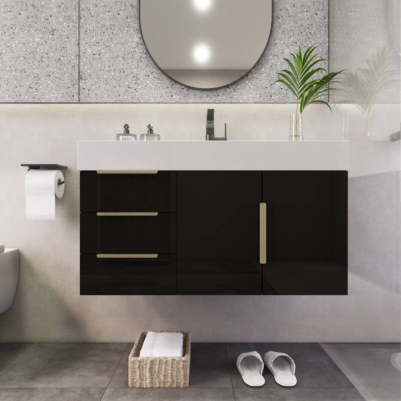 Noble 36" Wall Mounting Vanity (L Drawer) with Reinforced Acrylic Sink - 36" Width - Glossy - High Gloss Black
