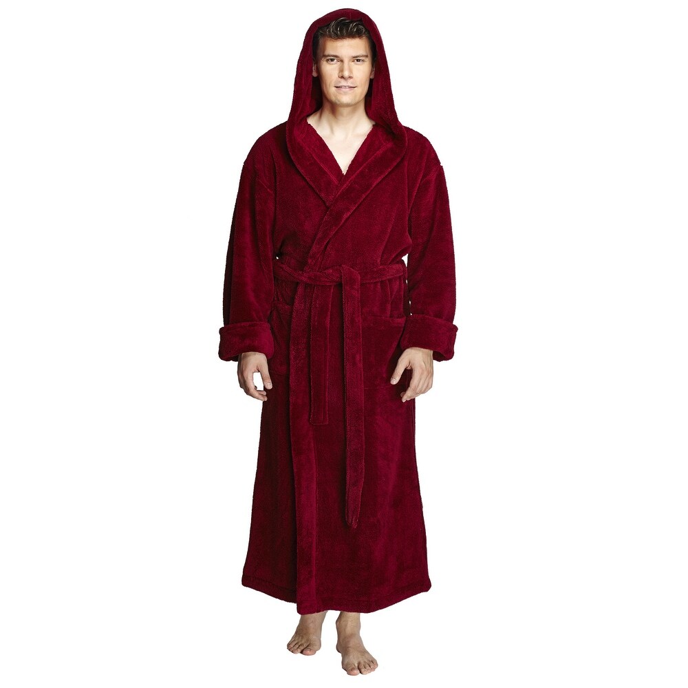 Men s Hooded Soft Plush Fleece Bathrobe Full Length Robe On Sale