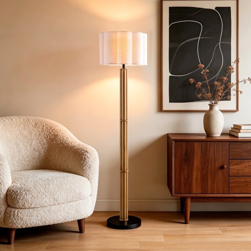 KAWOTI 62.5 in. 1-Light Black and Antique Wood Grain Standard Floor Lamp with Beige Linen Drum Shade