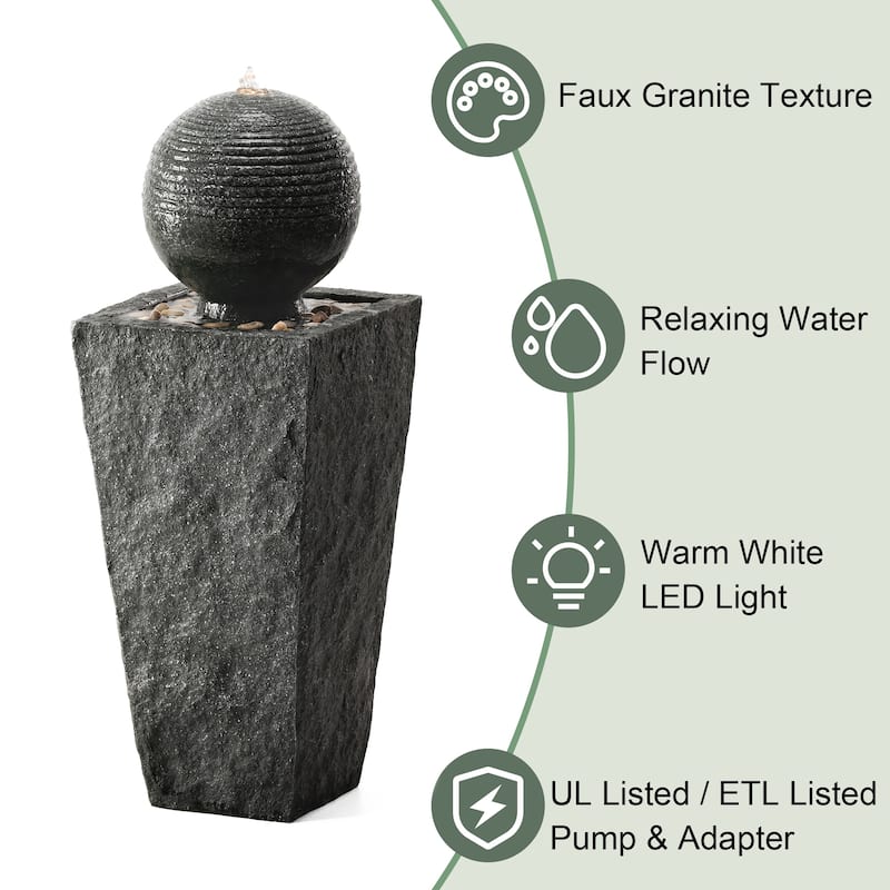 Glitzhome 31.75"H Polyresin Sphere Pedestal Outdoor Fountain With Pebbles Pump LED Light