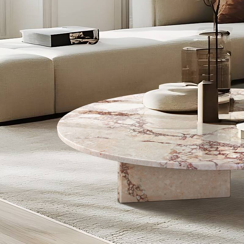 Roomfitters Natural Marble Coffee Table, Round Living Room Table, Solid Stone Modern Center Table, Genuine Marble