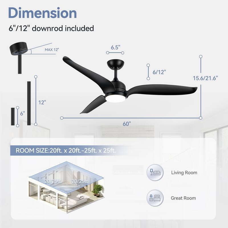 60" Black 3-Blade Ceiling Fan with LED Light Kit and Remote
