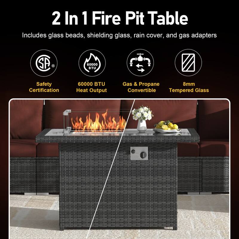 FINCATI Outdoor 7-piece High-back Wicker Patio Sectional Set with 43'' Fire Pit Table, 500 lbs Luxury Oversized Conversation Set