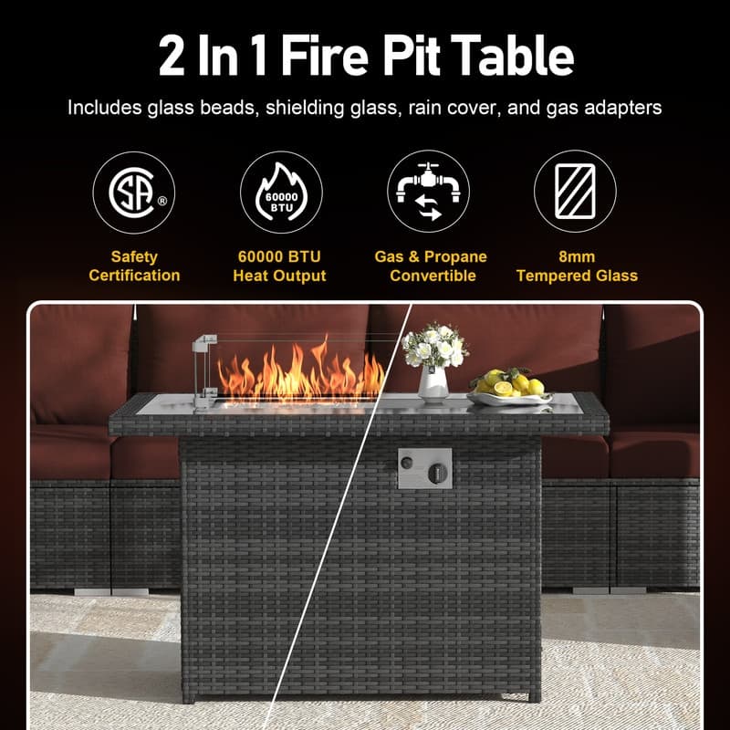 Outdoor Sectional Conversation Set PE Wicker with Double Chaise Lounge, 60,000 BTU Fire Pit Table
