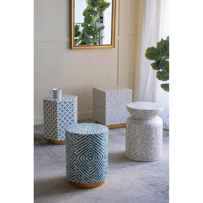 15x13x18.5" Hexagonal Accent Table with Blue Capiz Design and Gold Base