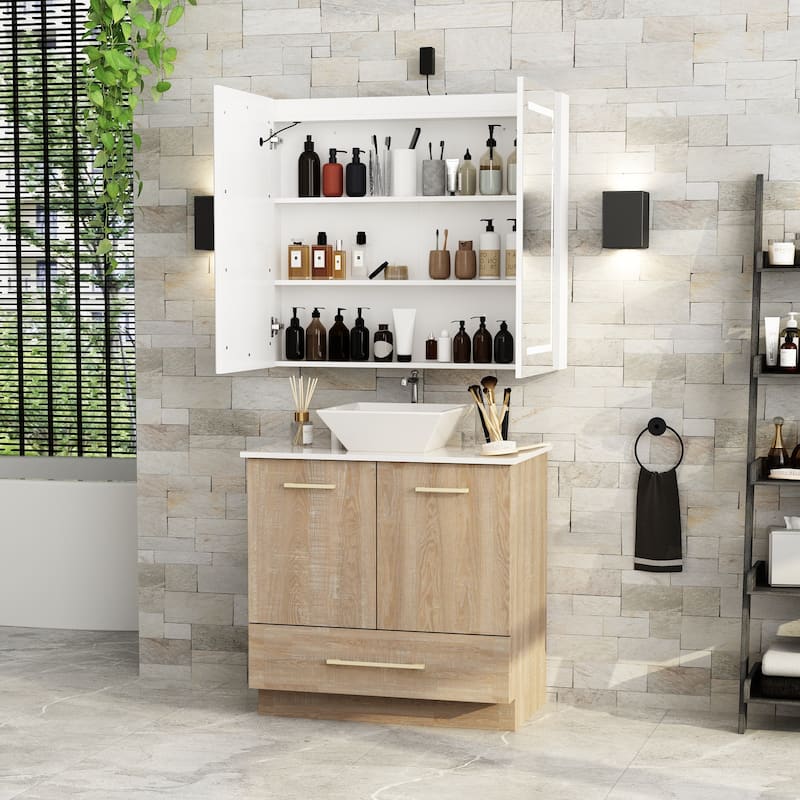 Sleek Bathroom Vanity Ceramic Sink & Illuminated Mirror Cabinet Combo