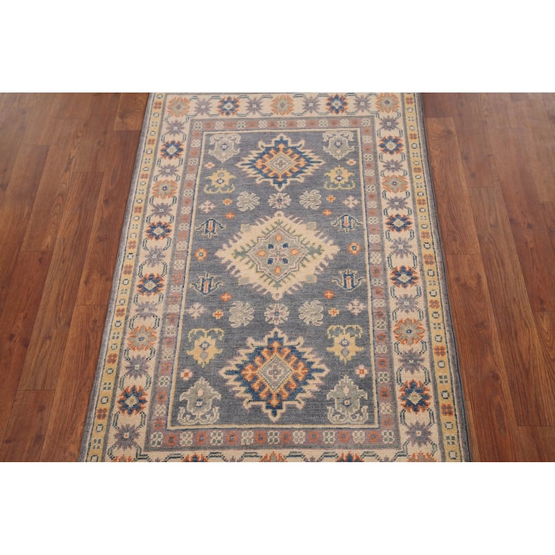 Gray Geometric Kazak Accent Rug Handmade Oriental Wool Carpet - 2'7" x 4'1"