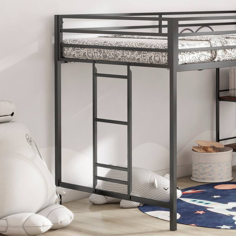 Junior Twin Loft Bed with Cinnamon Wood Shelf, Guardrails, and Ladder, Space-Saving Design for Kids' Bedroom
